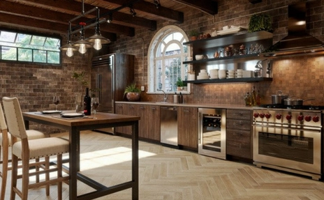 Herringbone flooring in kitchen